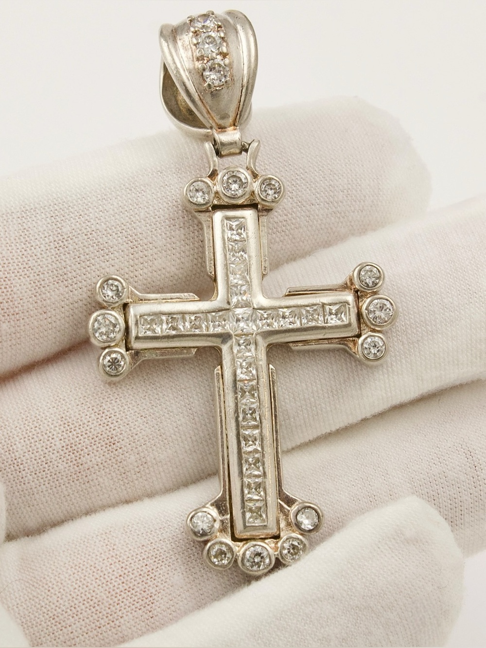 Vintage Sterling Silver Cubic Zirconia Cross Pendant Large Heavy 23.9 Grams